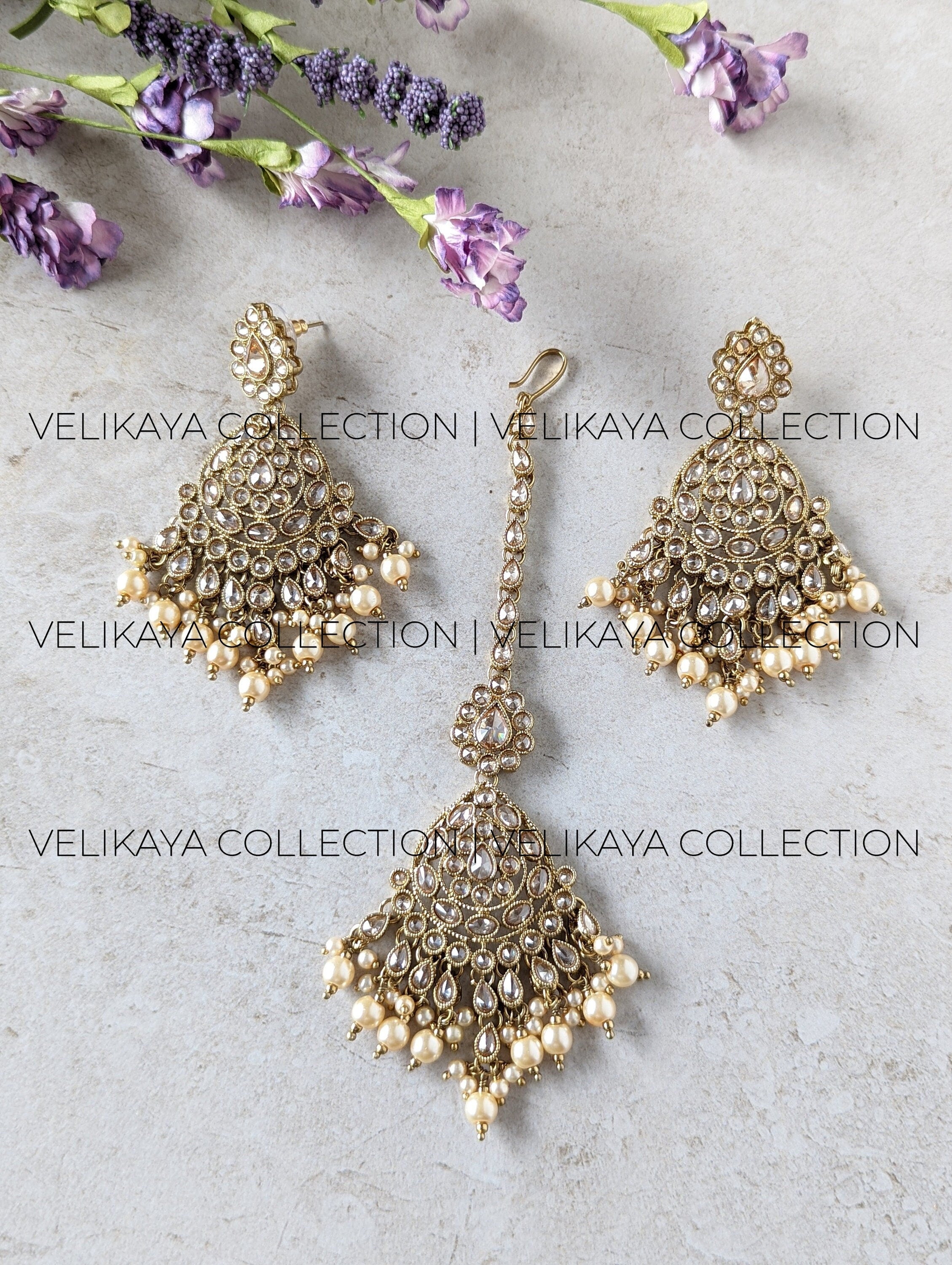 Zoya Pearl Antique Gold Plated Polki Earrings & Tikka