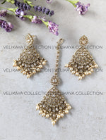 Load image into Gallery viewer, Zoya Pearl Antique Gold Plated Polki Earrings &amp; Tikka
