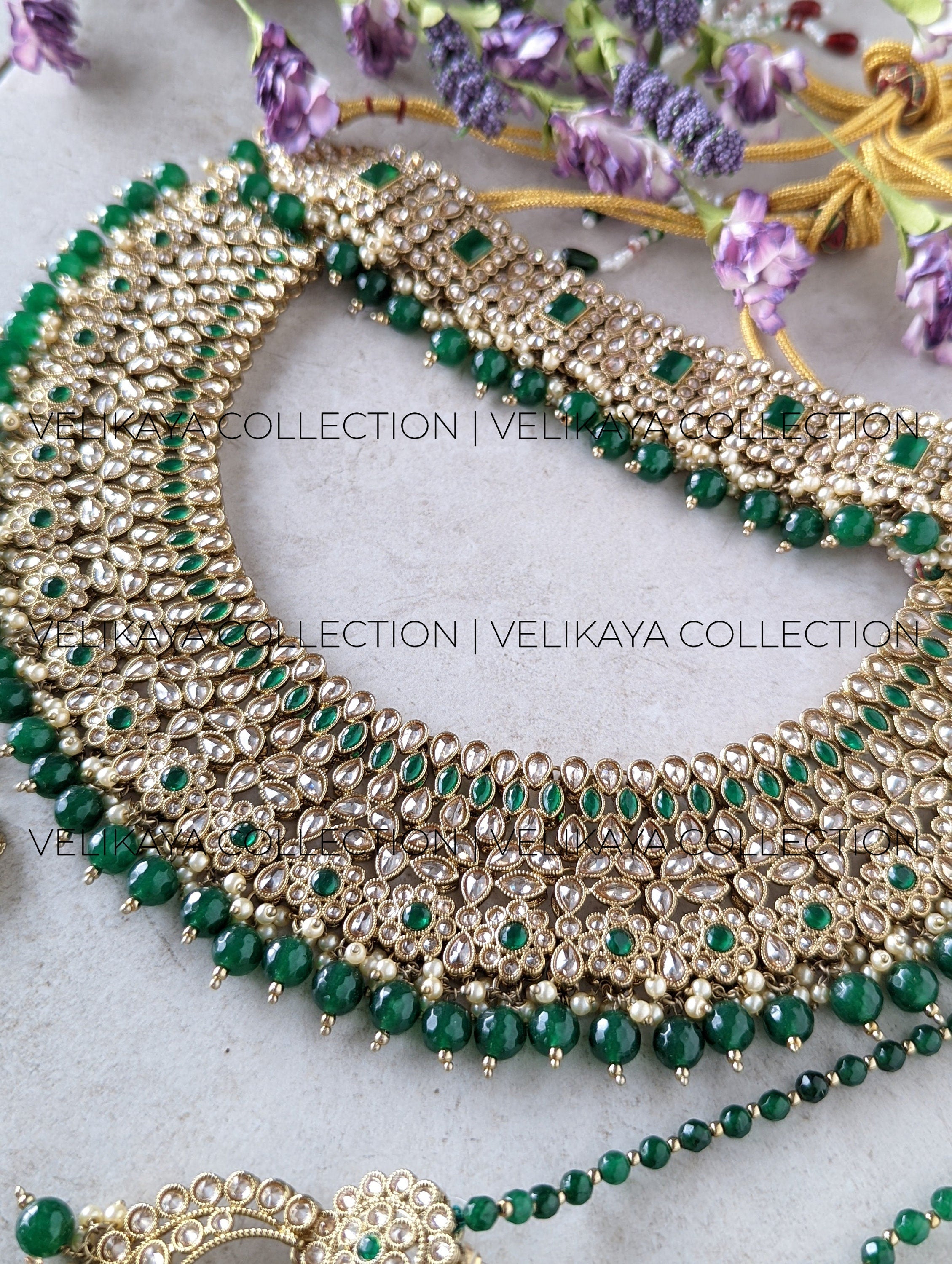 Ada - Green Wedding Necklace Jhumkas Tikka and Pasa