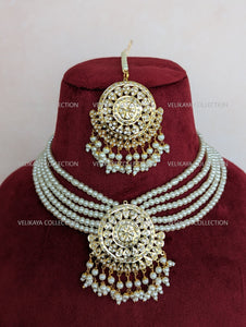 Pearl Jadau Necklace Earrings Tikka