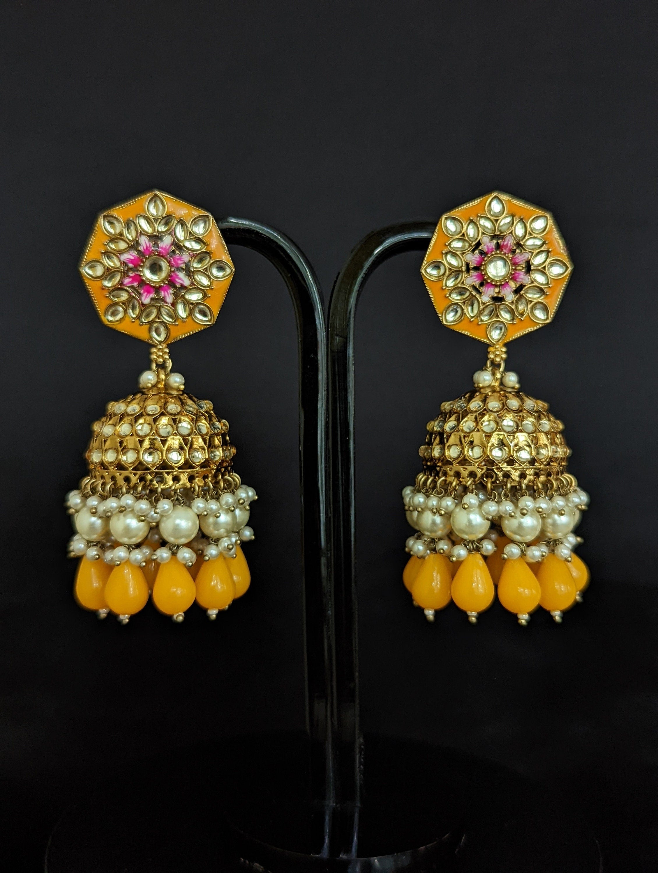 Nora Yellow Kundan Meenakari Jhumka