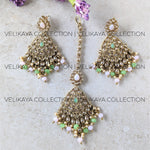 Load image into Gallery viewer, Zoya Mint Antique Gold Plated Polki Earrings &amp; Tikka
