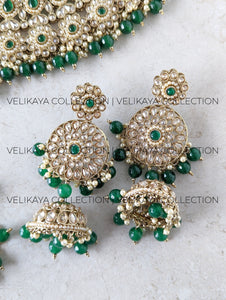 Jodha Emerald Green Choker Necklace Jhumkas & Tikka