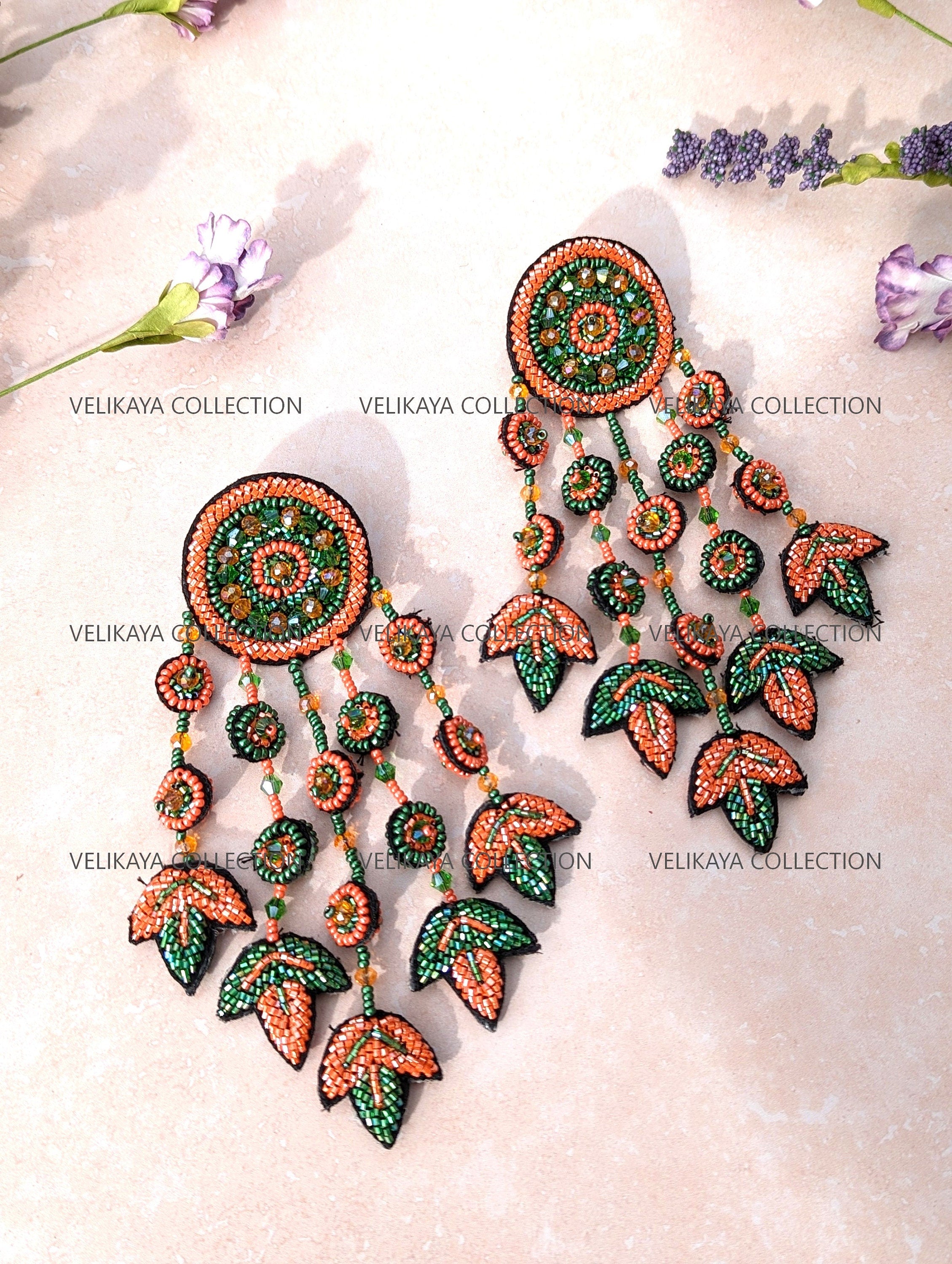 Orange Beaded Zardozi Earrings