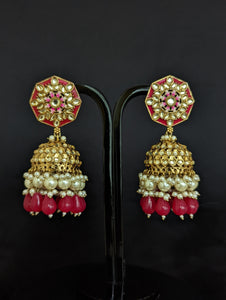 Nora Hot Pink Kundan Meenakari Jhumka