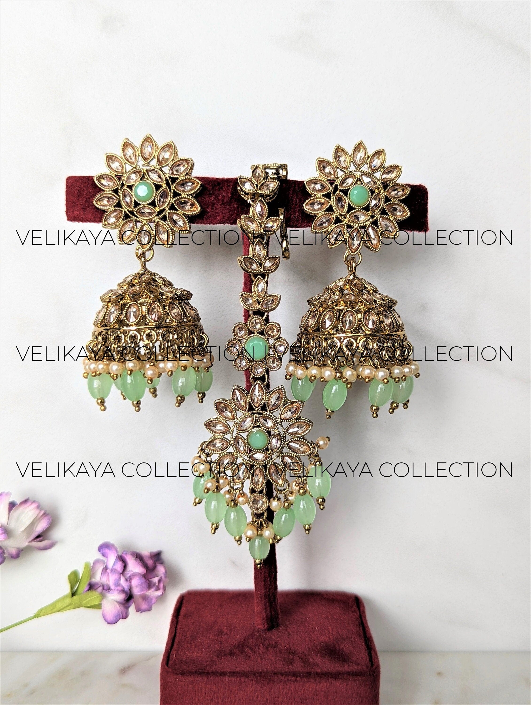 Rene Mint Polki Jhumka and Tikka Set