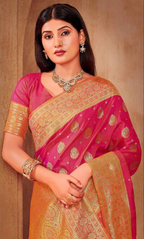 Pink Silk Saree with Gold Border