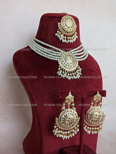 Pearl Jadau Necklace Earrings Tikka