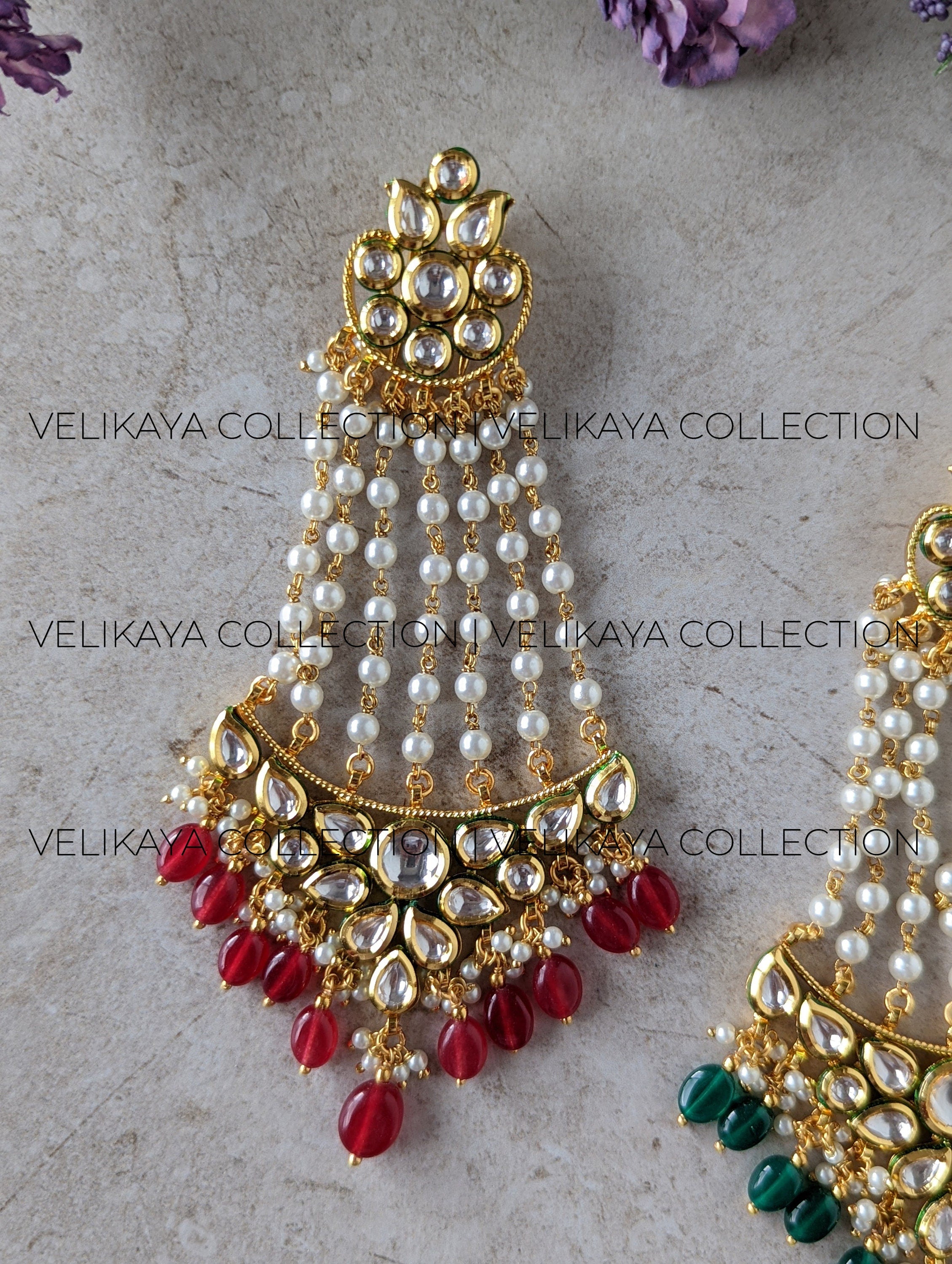 Raveena Gold Plated Premium Kundan Pasa in RED