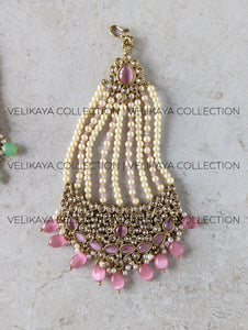 Kalki Antique Gold Plated Pearl & Polki Pasa - Mint & Pink