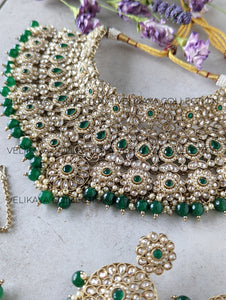 Jodha Emerald Green Choker Necklace Jhumkas & Tikka