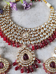 Meera - Gold Plated Uncut Kundan Polki Necklace with Statement Earrings