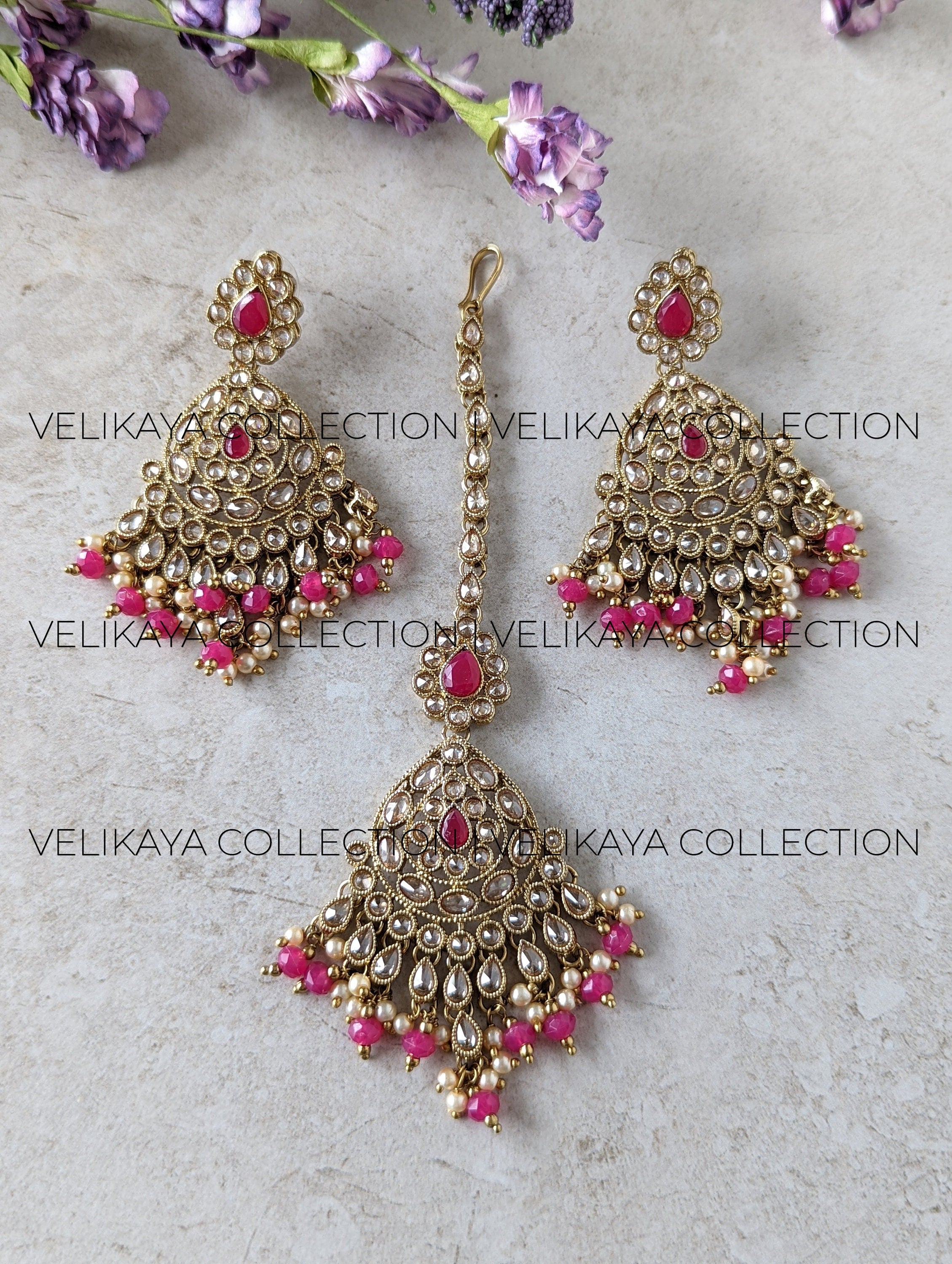 Zoya Pink Antique Gold Plated Polki Earrings & Tikka