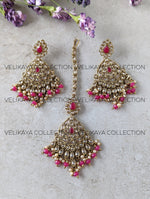 Load image into Gallery viewer, Zoya Pink Antique Gold Plated Polki Earrings &amp; Tikka
