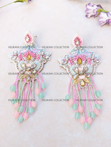 Pink Blue Beaded Zardozi Earrings