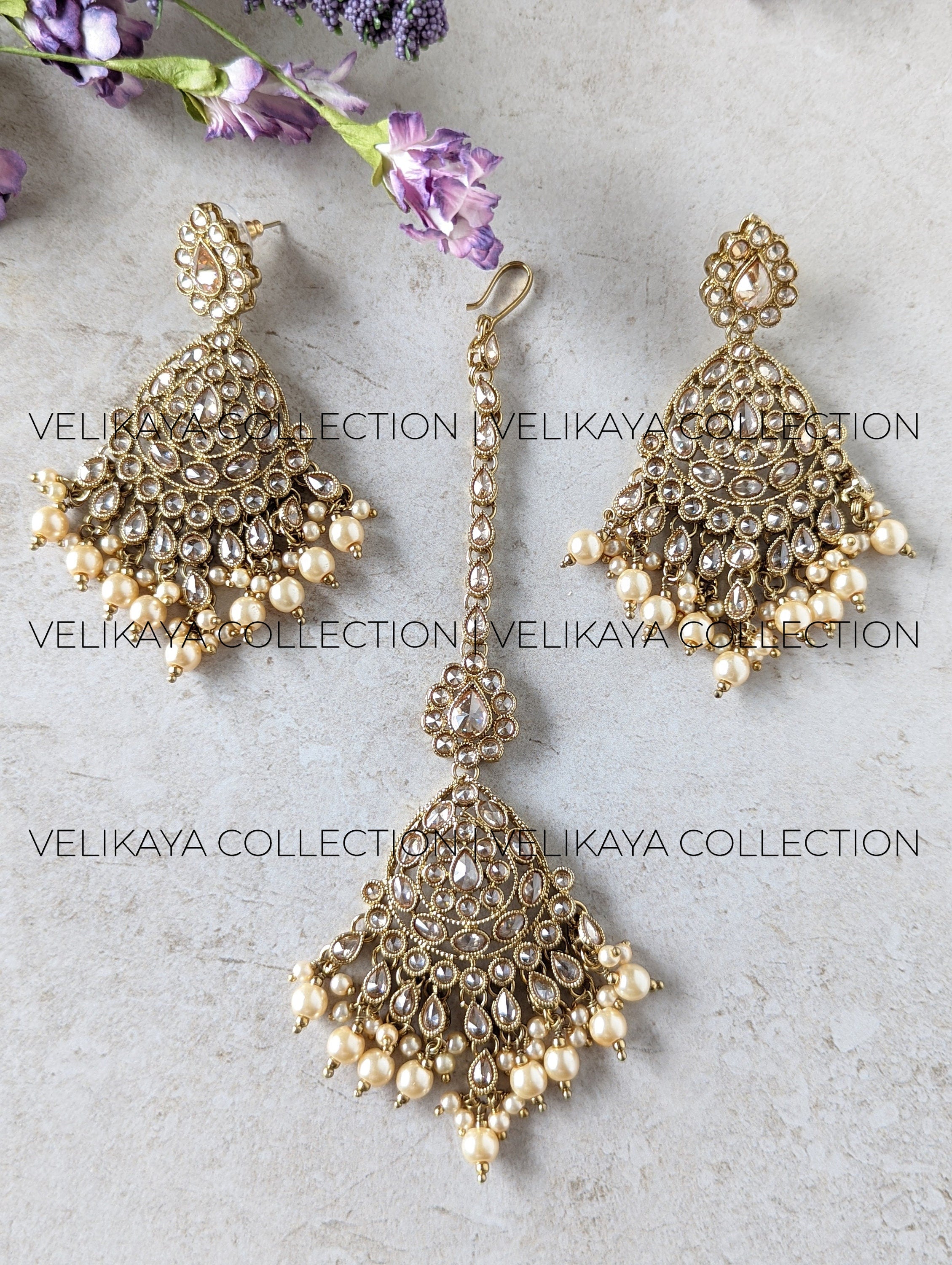 Zoya Pearl Antique Gold Plated Polki Earrings & Tikka