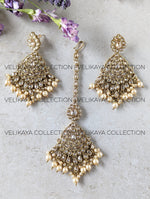 Load image into Gallery viewer, Zoya Pearl Antique Gold Plated Polki Earrings &amp; Tikka
