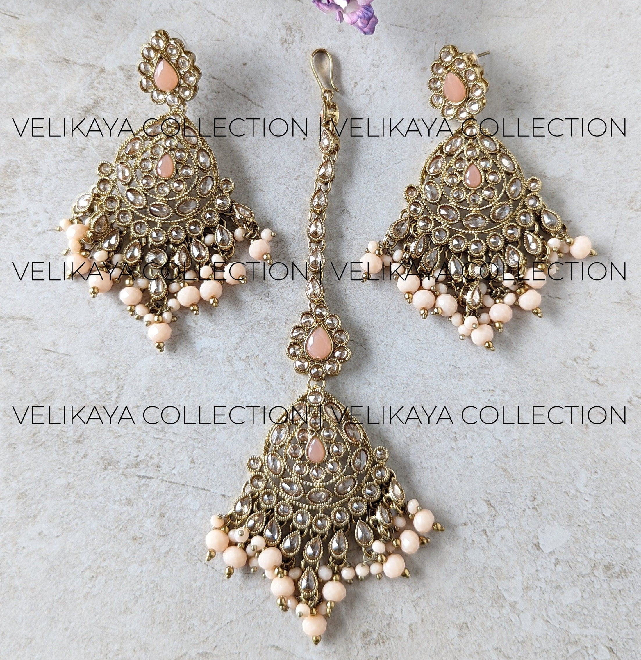 Zoya Peach Antique Gold Plated Polki Earrings & Tikka