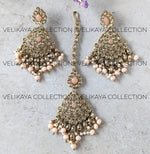 Load image into Gallery viewer, Zoya Peach Antique Gold Plated Polki Earrings &amp; Tikka
