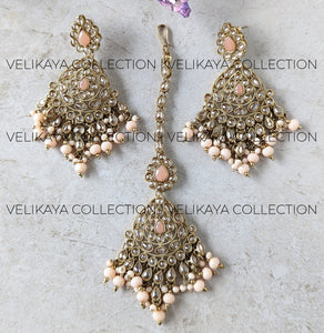 Zoya Peach Antique Gold Plated Polki Earrings & Tikka