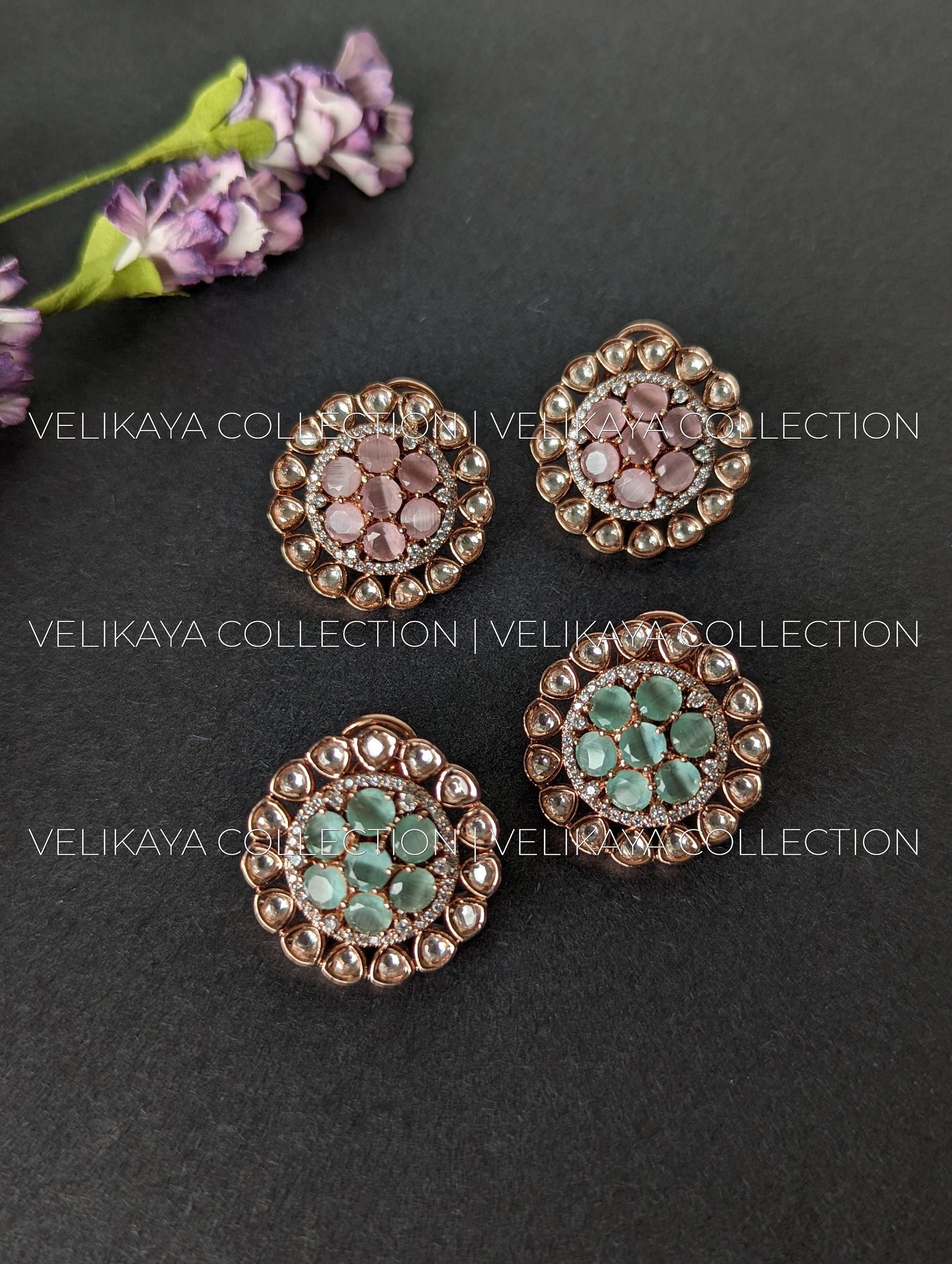 Raveena Rose Gold plated Kundan Studs with American Diamonds