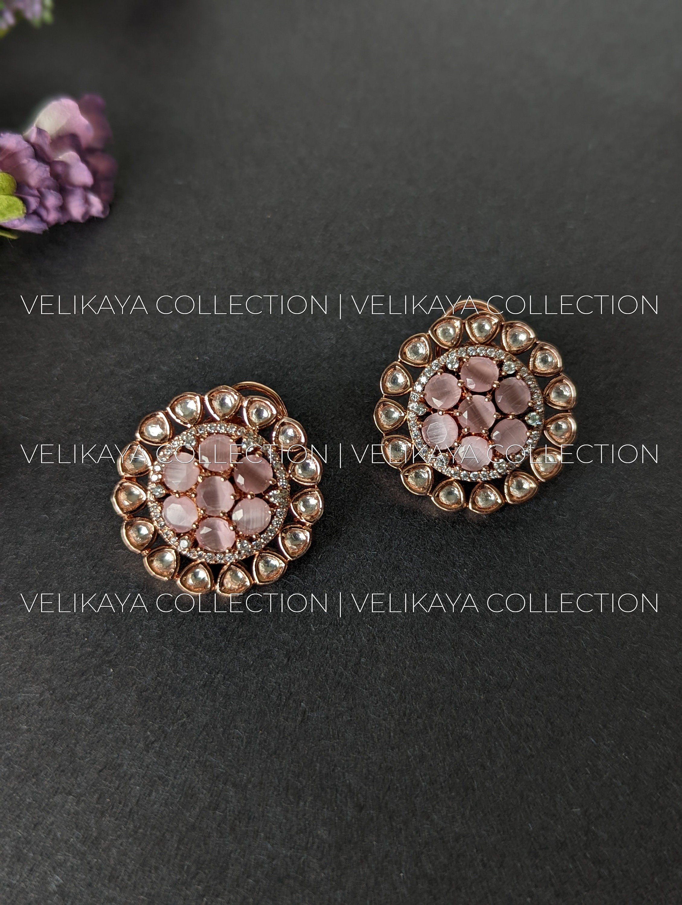 Raveena Rose Gold plated Kundan Studs with American Diamonds