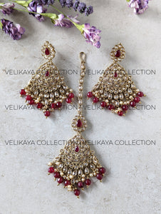 Zoya Maroon Antique Gold Plated Polki Earrings & Tikka