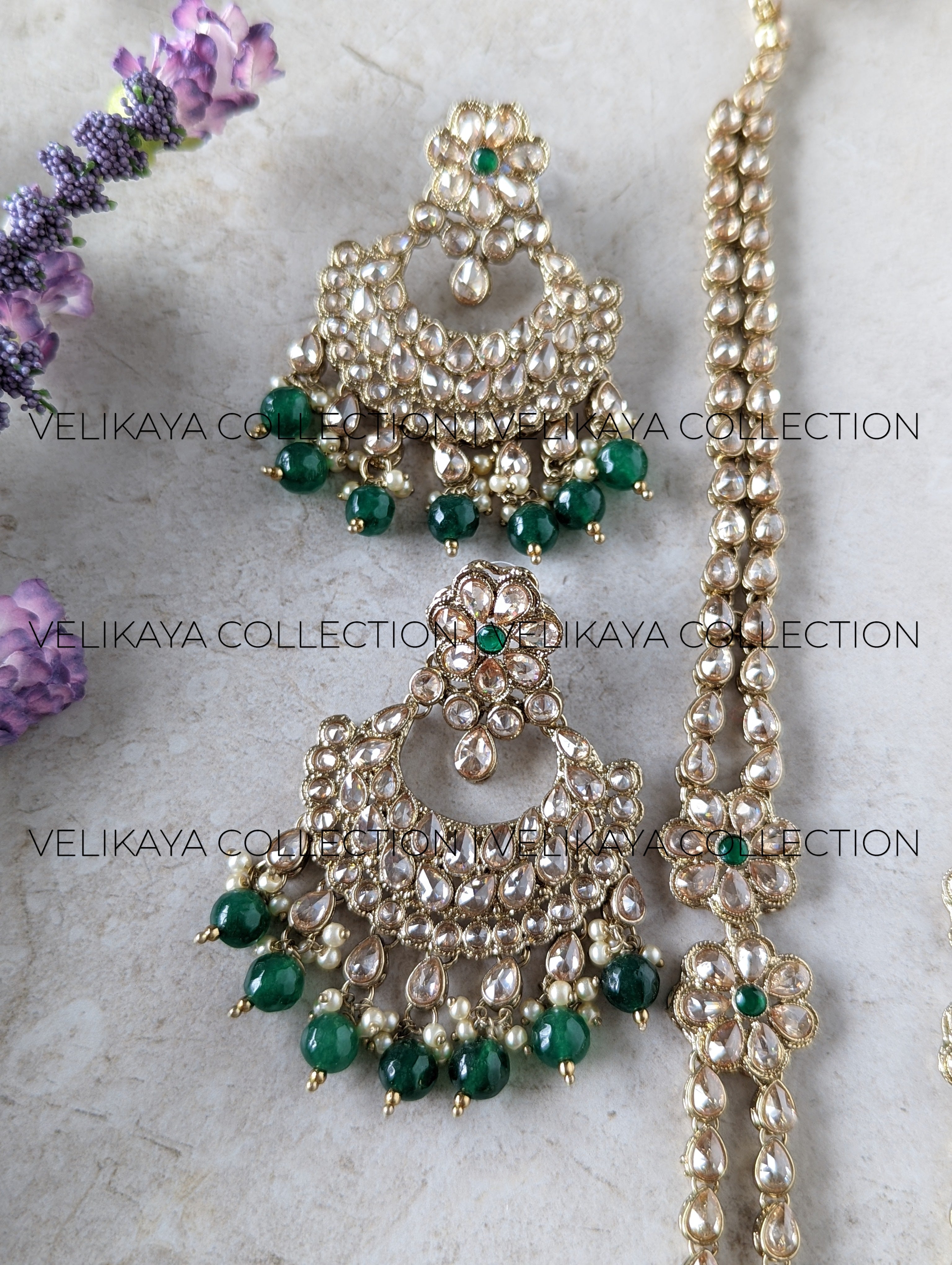 Heera - Green Long Polki Necklace Jhumkas Tikka