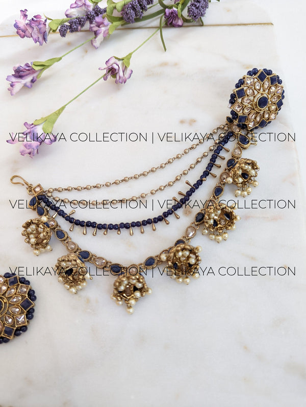 Blue Bahubali Earrings with Ear Chains and Tikka