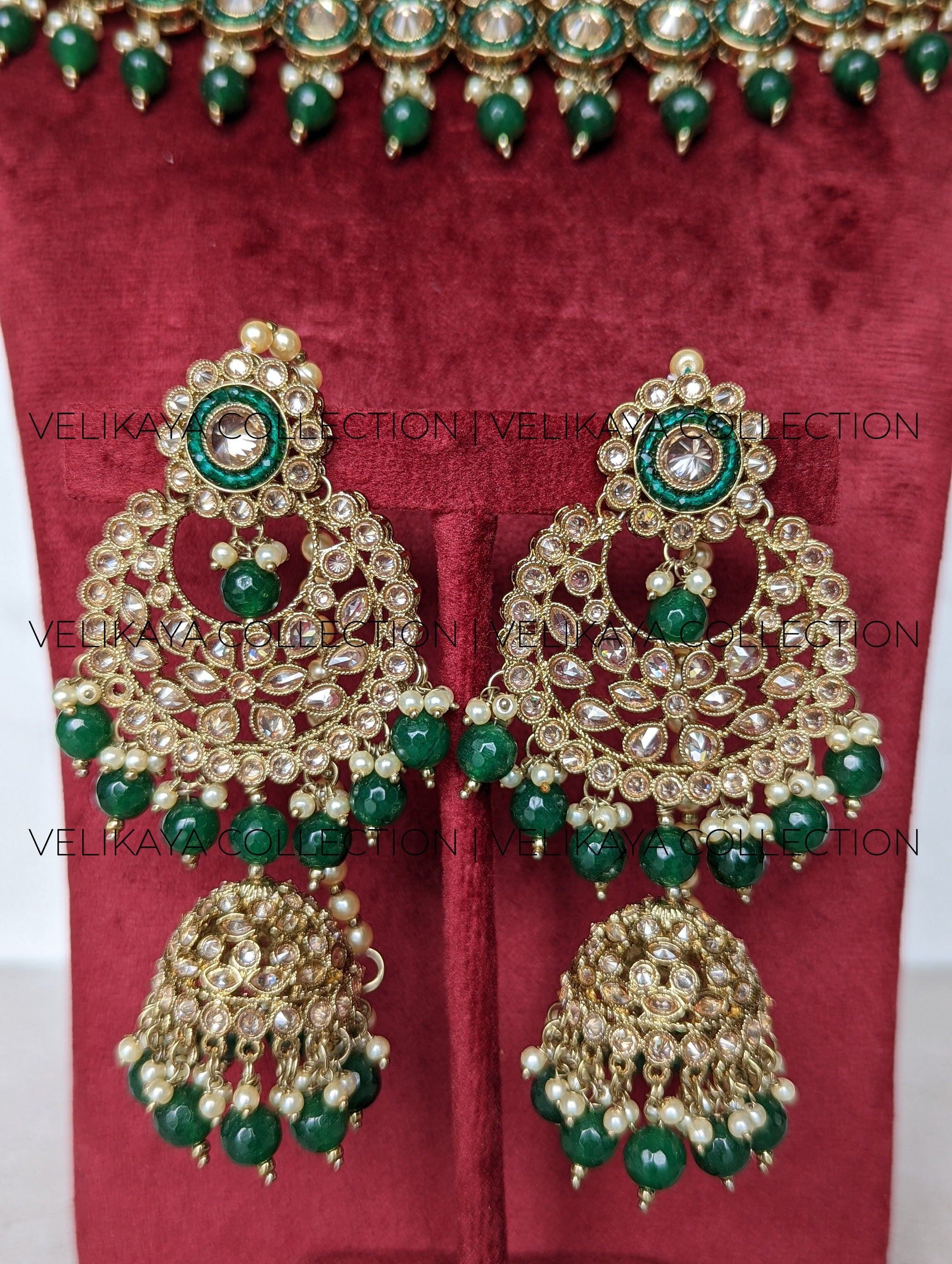 Myra - Emerald Green Polki Bridal Necklace Earrings Tikka