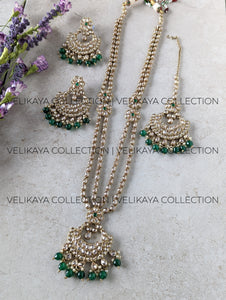 Heera - Green Long Polki Necklace Jhumkas Tikka