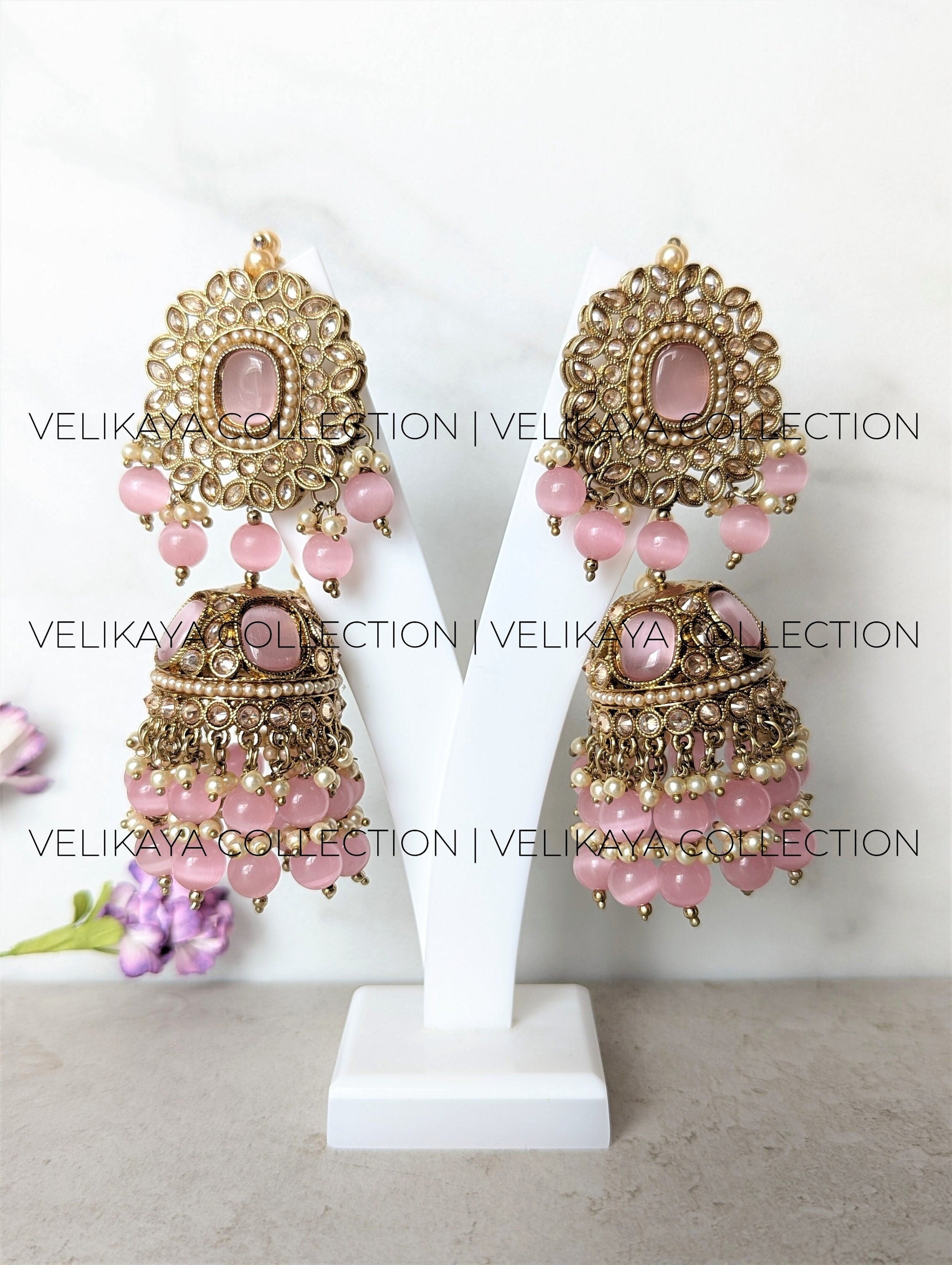 Kiara Large Pink Antique Gold Plated Jhumka