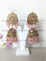 Load image into Gallery viewer, Kiara Large Pink Antique Gold Plated Jhumka
