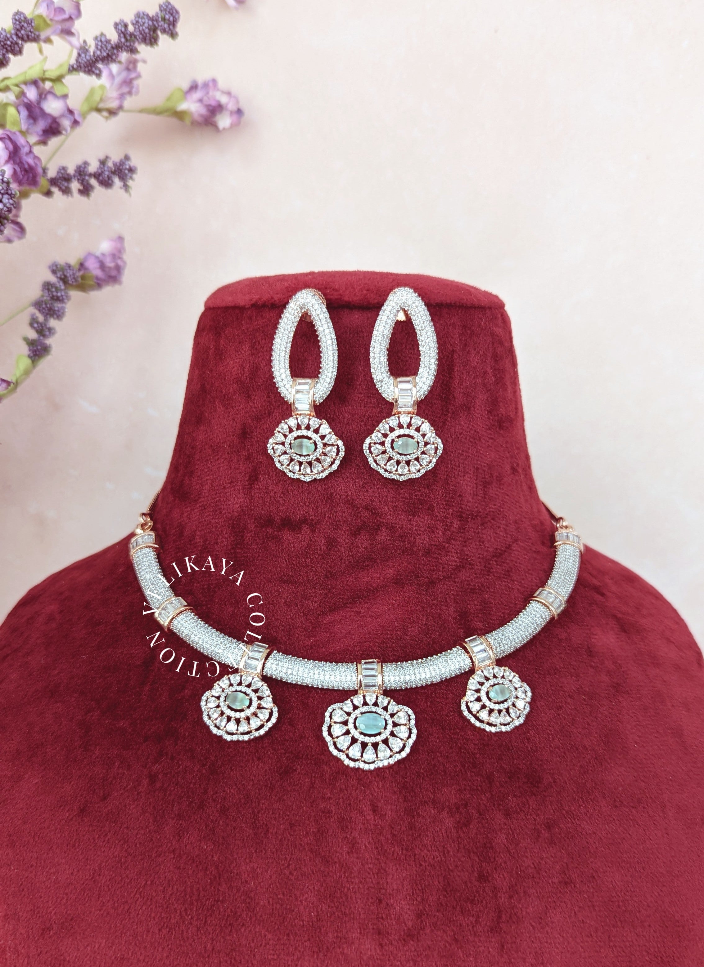 MINT & ROSE GOLD DIAMANTE NECKLACE & EARRINGS