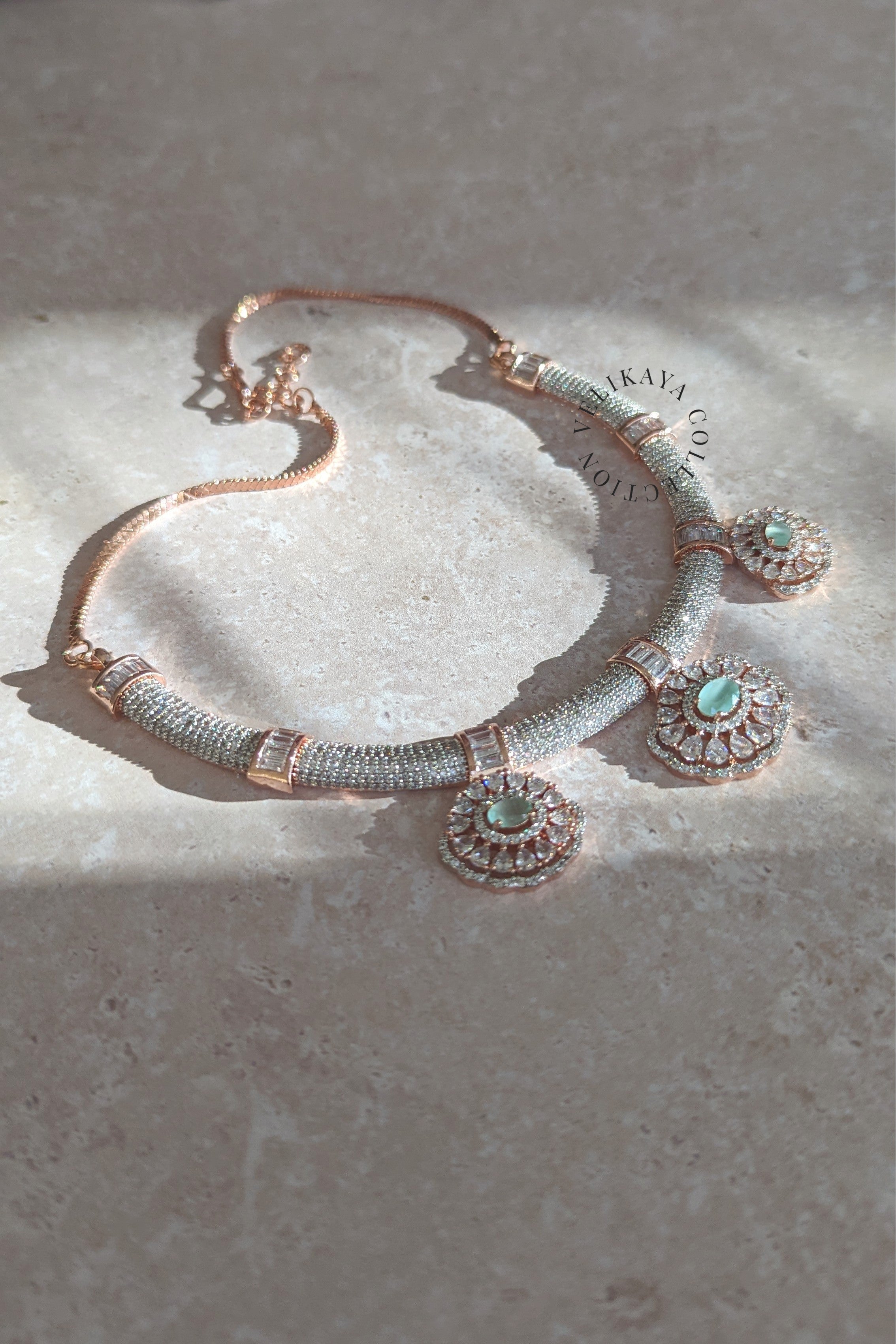 MINT & ROSE GOLD DIAMANTE NECKLACE & EARRINGS