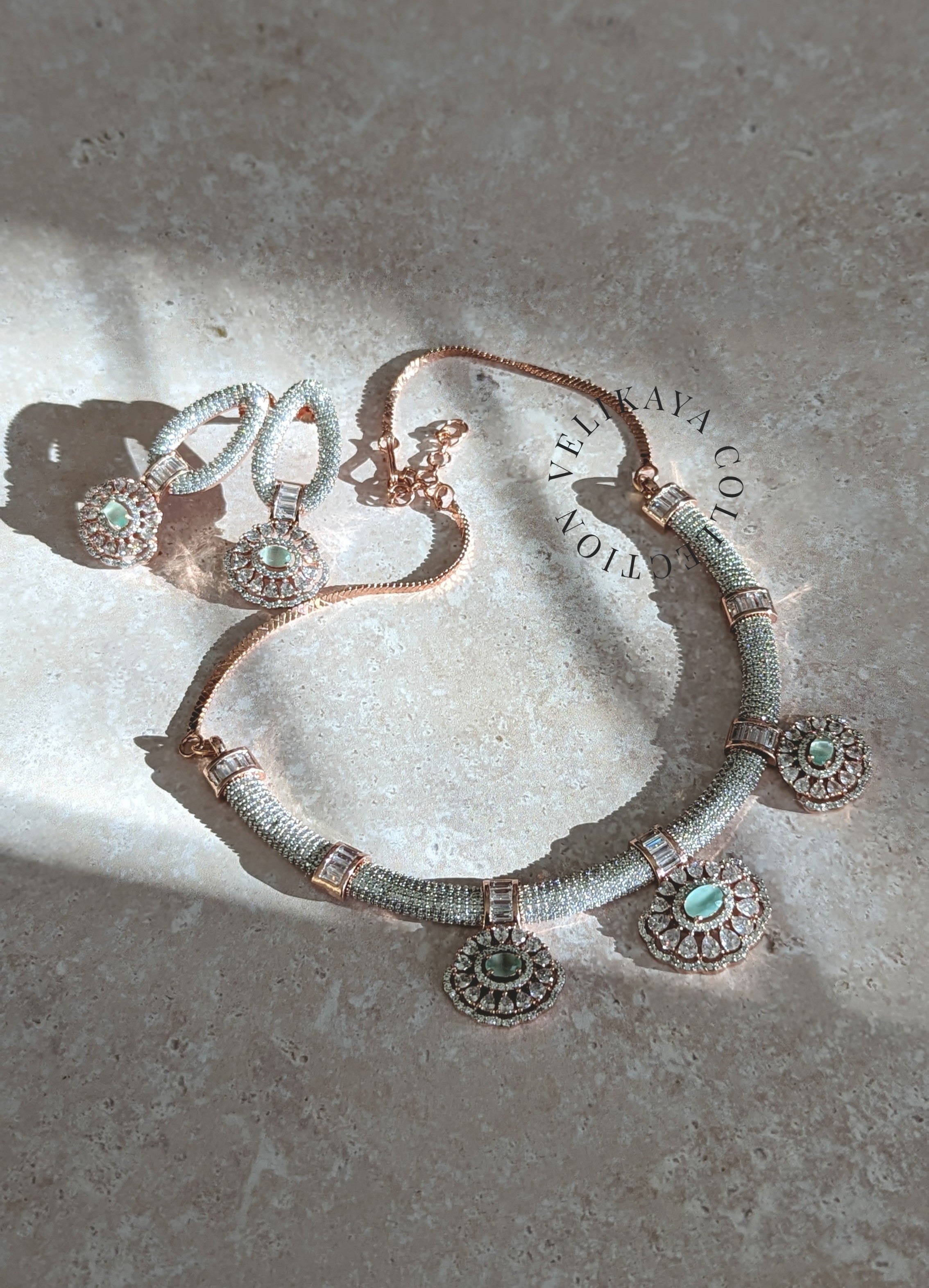 MINT & ROSE GOLD DIAMANTE NECKLACE & EARRINGS