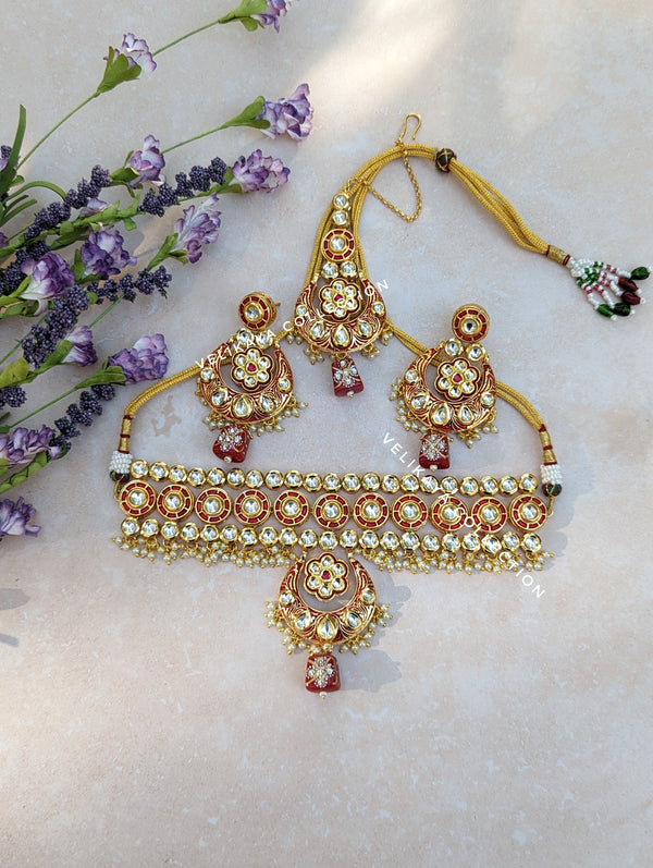 Jahan Red Kundan Choker Necklace with Earrings & Tikka