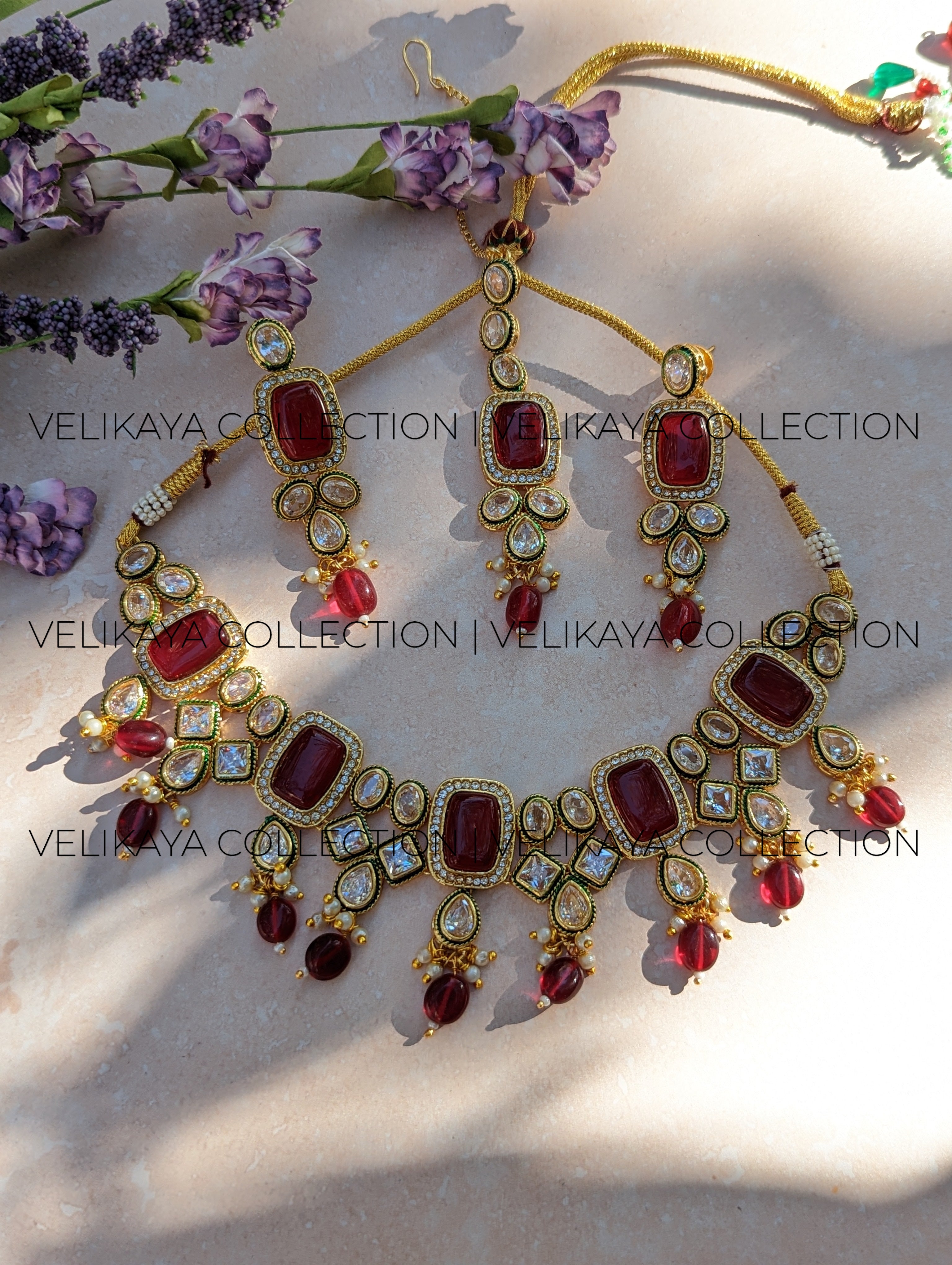 Monalisa Maroon Kundan Necklace Earrings Tikka