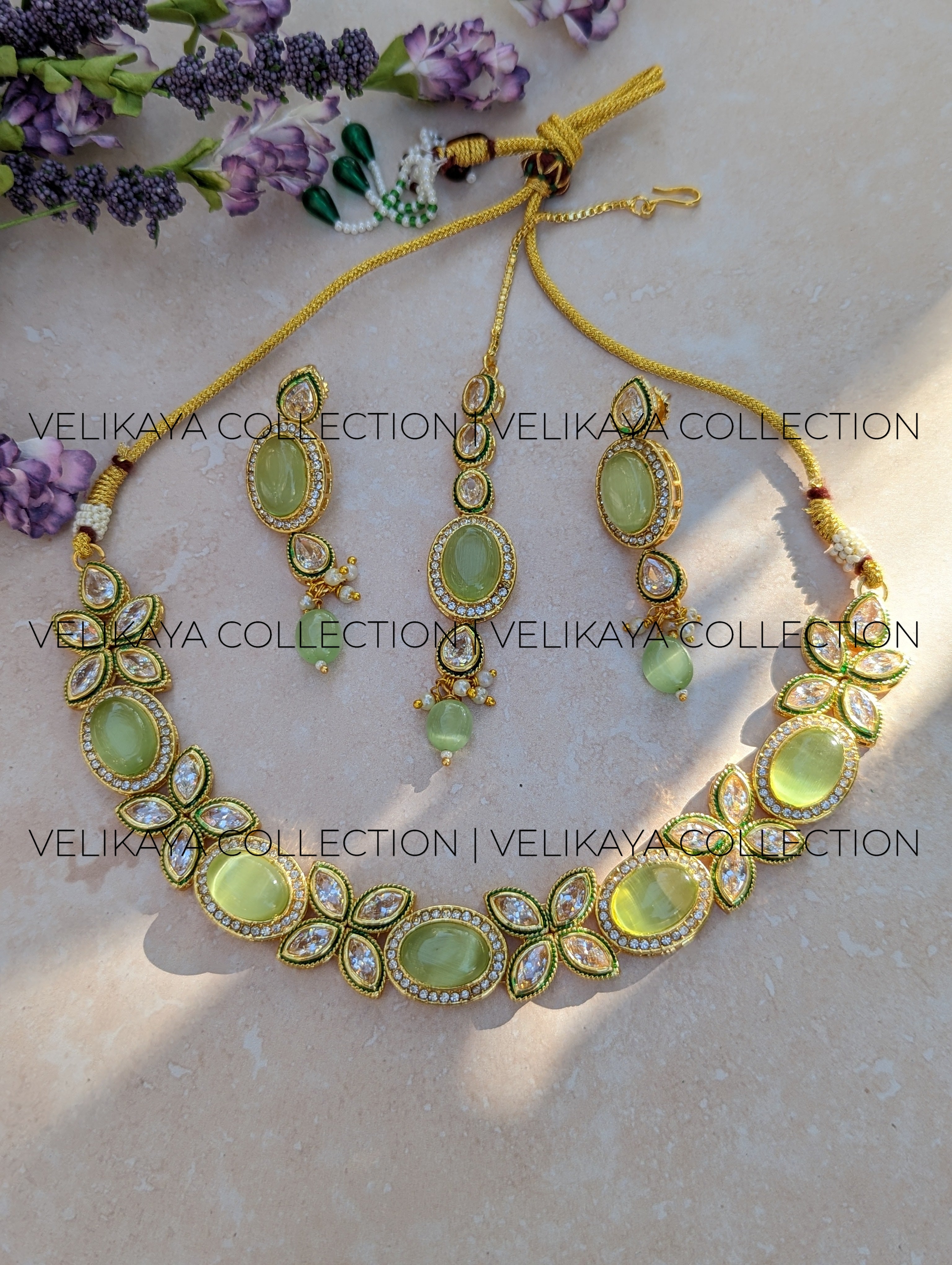 Sanya Mint Kundan Choker Necklace Earrings Tikka