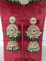 Load image into Gallery viewer, Jodha Emerald Green Choker Necklace Jhumkas &amp; Tikka
