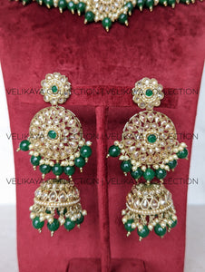 Jodha Emerald Green Choker Necklace Jhumkas & Tikka