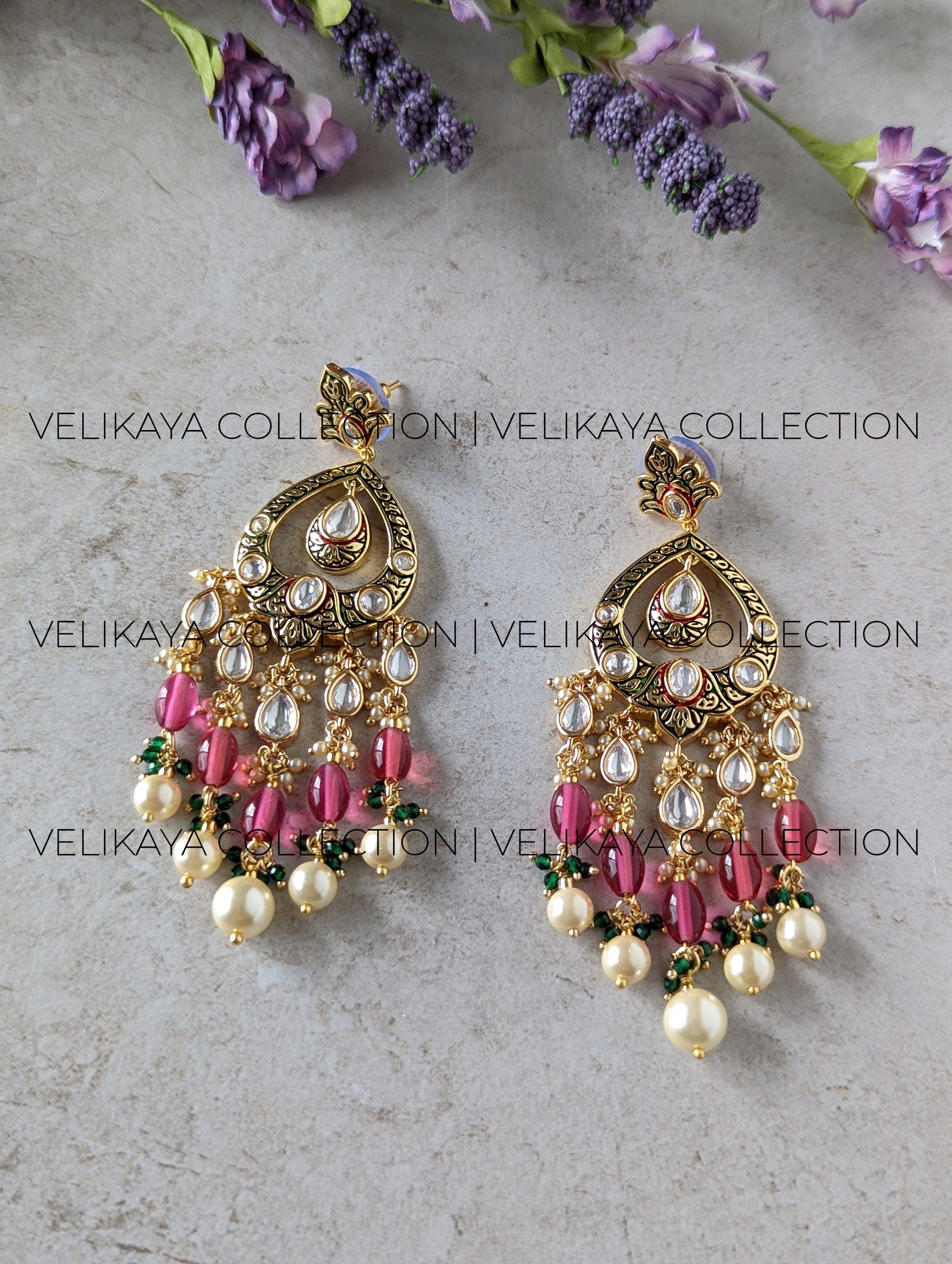 Sonali Red & Green Kundan Meenakari Earrings