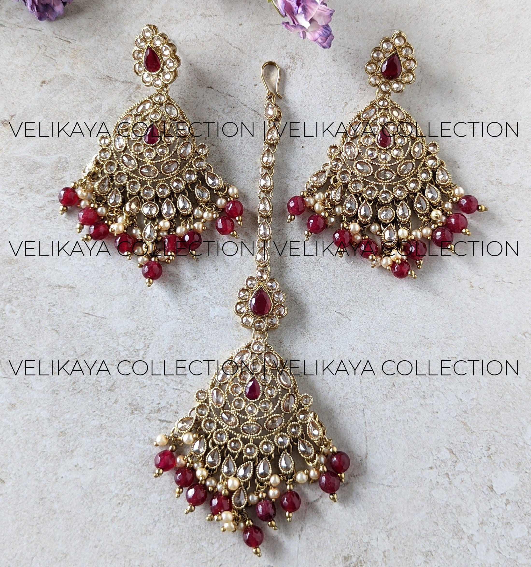 Zoya Maroon Antique Gold Plated Polki Earrings & Tikka