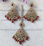 Load image into Gallery viewer, Zoya Maroon Antique Gold Plated Polki Earrings &amp; Tikka
