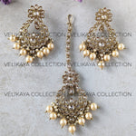 Load image into Gallery viewer, Zainab Pearl Antique Gold Plated Polki Earrings &amp; Tikka
