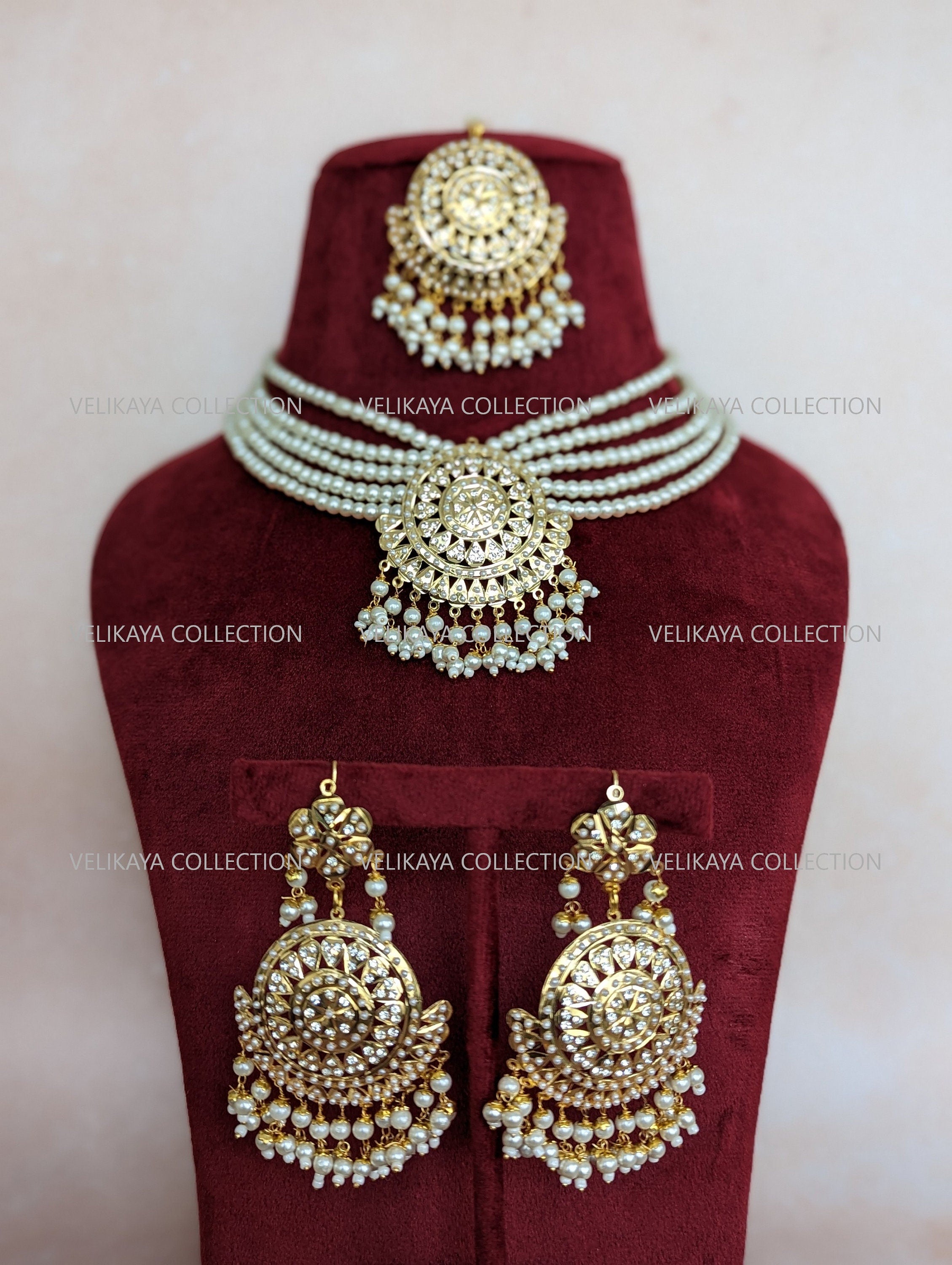 Pearl Jadau Necklace Earrings Tikka