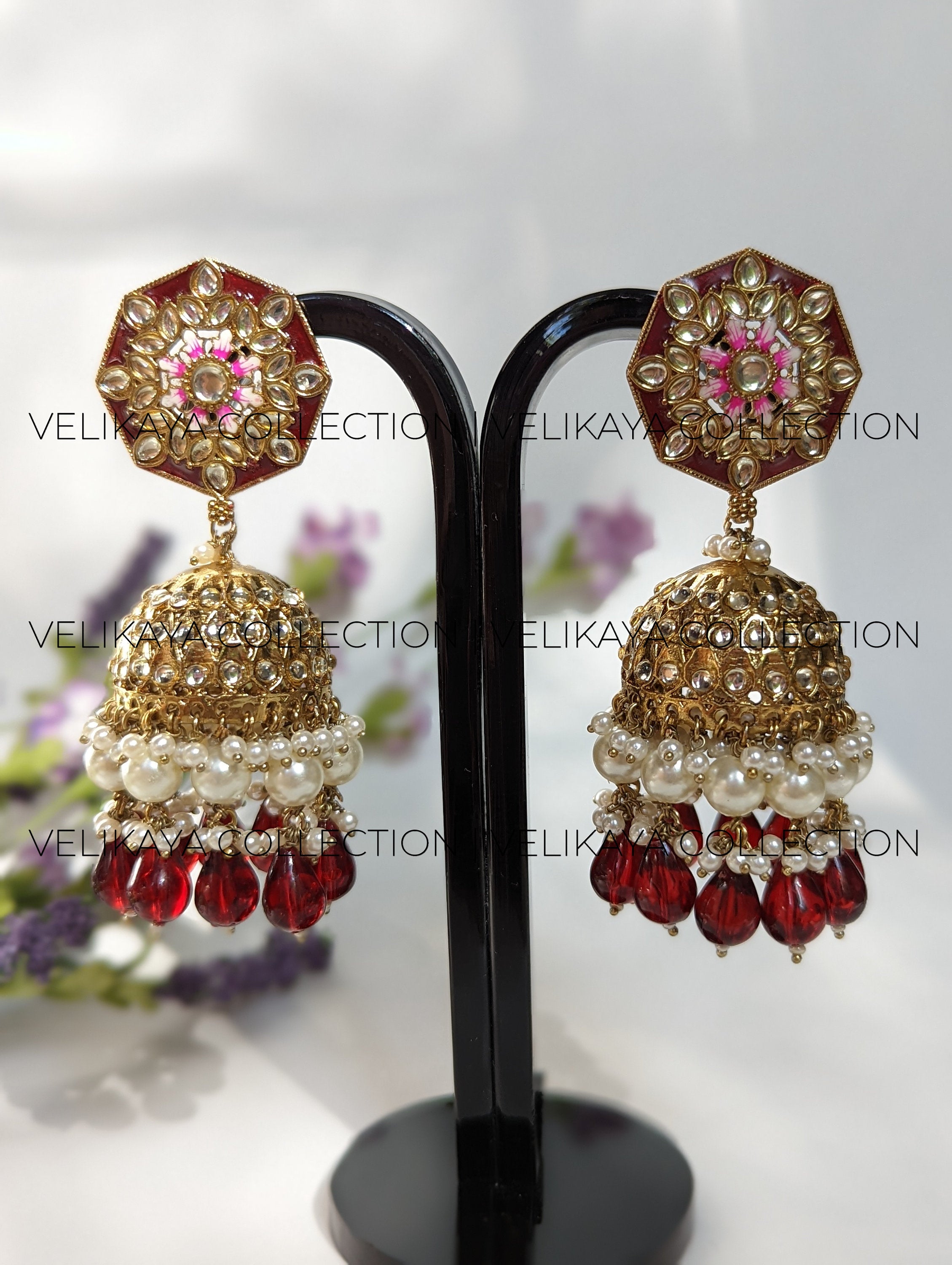 Nora Maroon Kundan Meenakari Jhumka