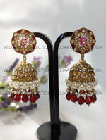 Load image into Gallery viewer, Nora Maroon Kundan Meenakari Jhumka
