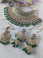 Load image into Gallery viewer, Myra - Emerald Green Polki Bridal Necklace Earrings Tikka
