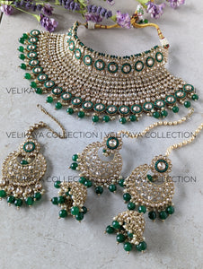 Myra - Emerald Green Polki Bridal Necklace Earrings Tikka